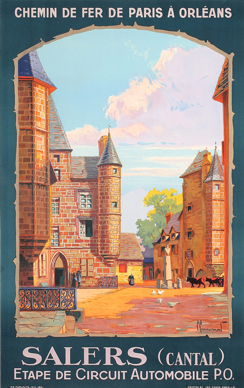 Town square flanked by turreted buildings; orange, yellow, blue