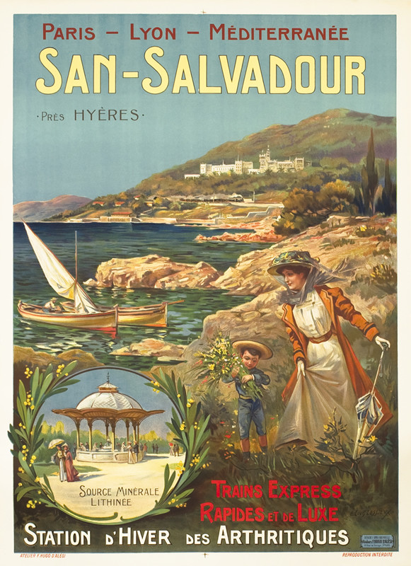 Mother and son walk along coast line gathering flowers, boat, town in background; red, green, brown