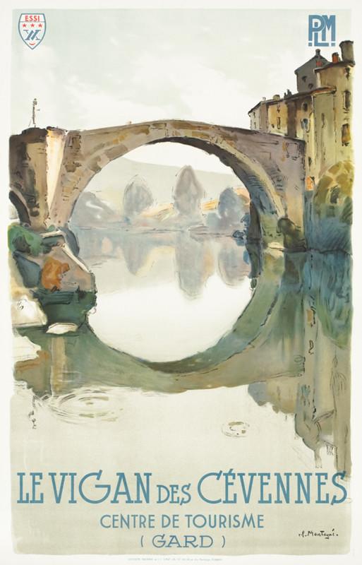 Painterly view of the Pont Vieux over the river Ardeche, village scene; gray, blue, green