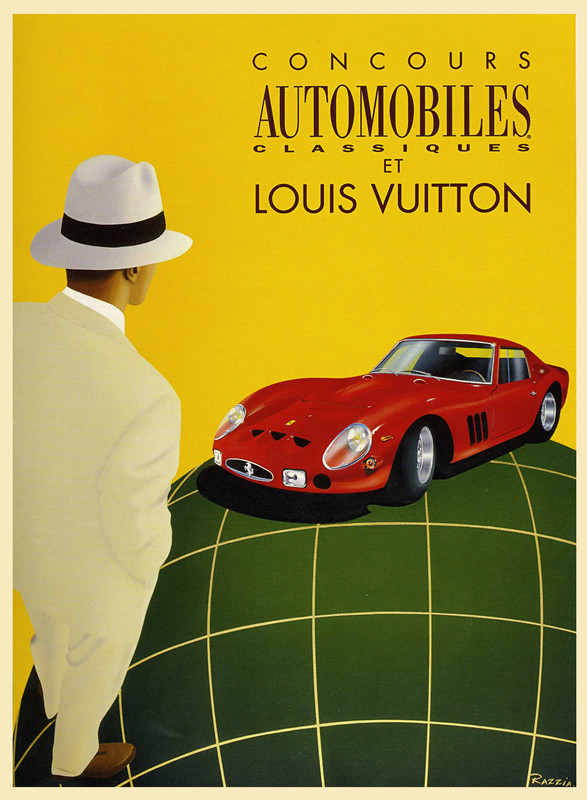Man dressed in white looking at classic red ferrari ; green, white, yellow, red