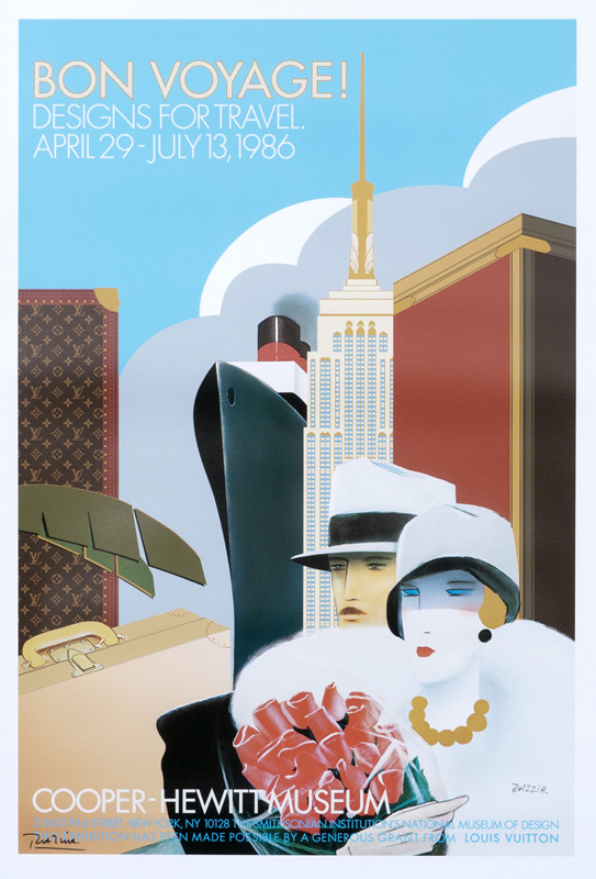 Fashionable couple with roses stand in front of Louis Vuitton luggage, Empire State Building, and Normandie ship; red, blue, black, white