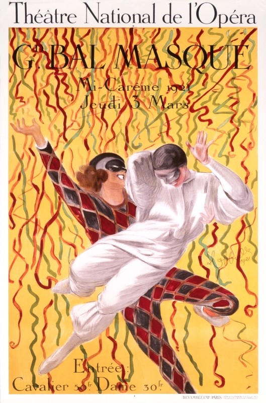 2 masked pierrots frolic under party streamers; yellow, red, white