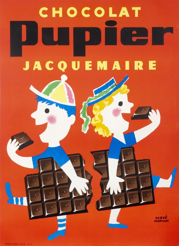 Two children holding and eating chocolate bars; orange, brown, blue, yellow