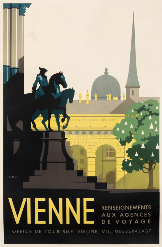 Equestrian statue and buildings of Vienna; blue, green, yellow, gray