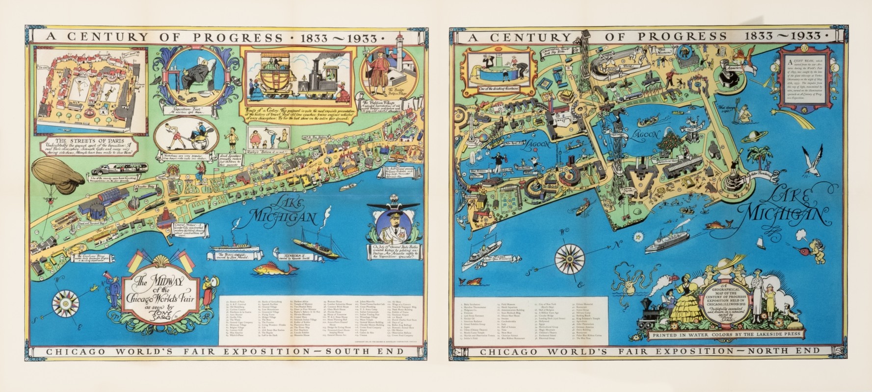 map of Chicago World's Fair exhibition; blue, green, yellow, white, pink
