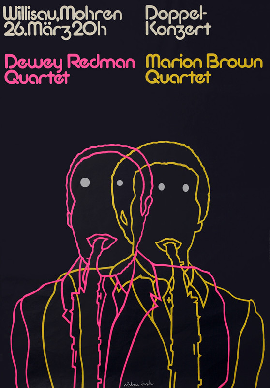 Double image outline of Sax player: BLACK, RED, YELLOW
