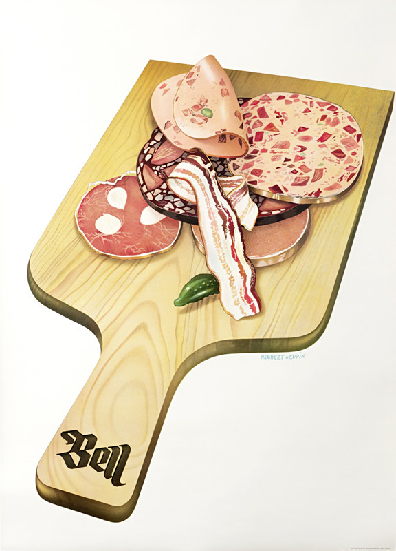Bell carving board with ham, bacon, etc; pink, beige, beige