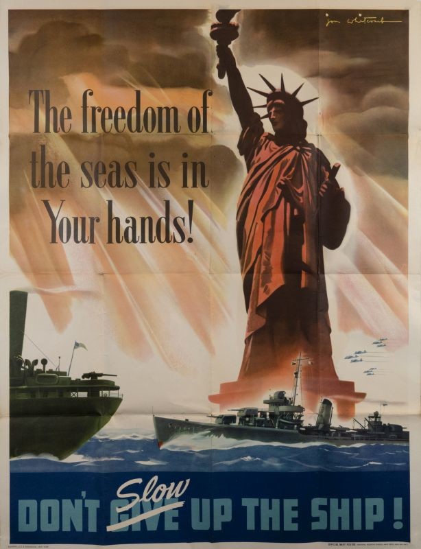 Statue of Liberty towers over US navy ships and planes; brown, orange, blue, white, green