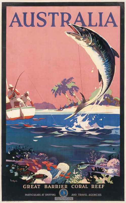 Two men on boat reel in fish leaping in air, sea life, fish, coral reef visible under water, island with palm trees; pink, blue, green