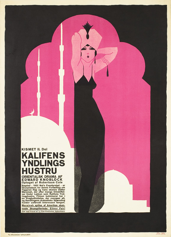 Woman in gown and turban raises arms before mosque; black, pink