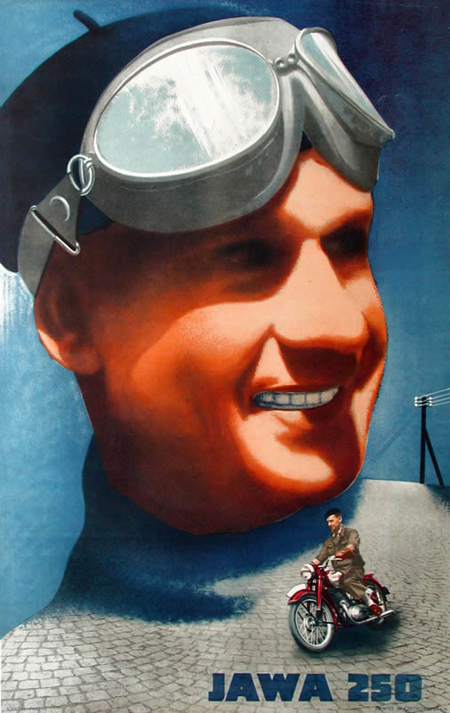 Grinning motorcyclist with goggles; blue