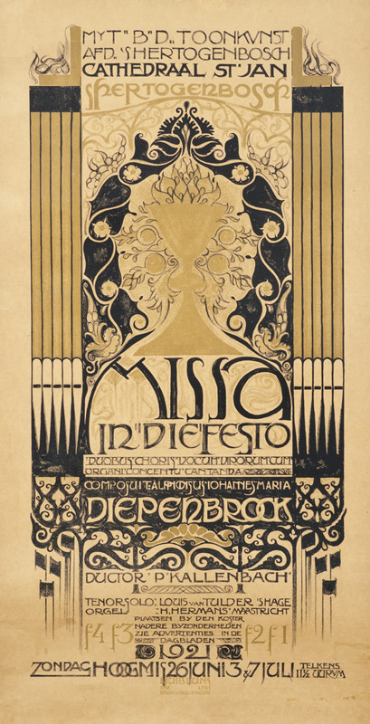 columns framing a decorative mandola with typography; yellow, black