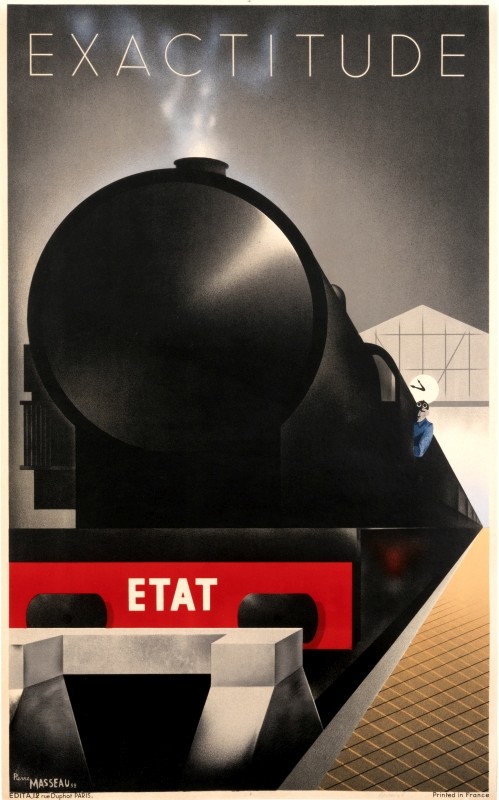 Train leaves station; red, black, beige