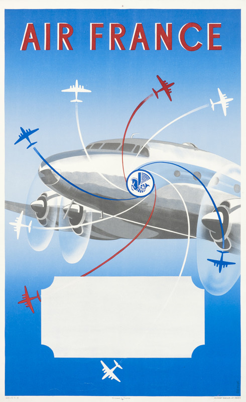 Airplane up close, propellers whirring, lines with smaller airplanes circle, AF emblem, blank text box; red, white, blue