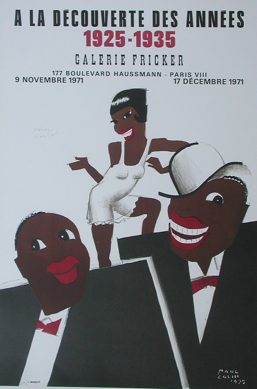 Josephine Baker and 2 male musicians; brown, white, red