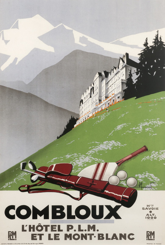 Grand hotel and mountains, golf bag and tennis racket and balls on green in foreground; green, blue, brown