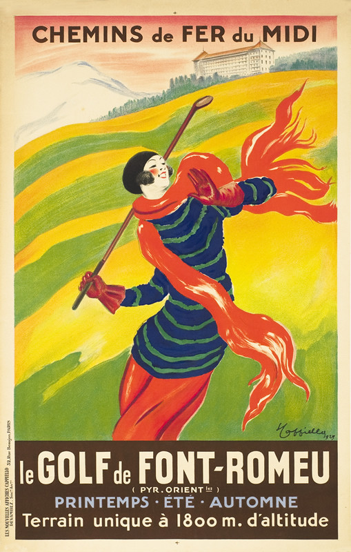 Woman in scarf waves golf club before distant hotel; red, green, orange