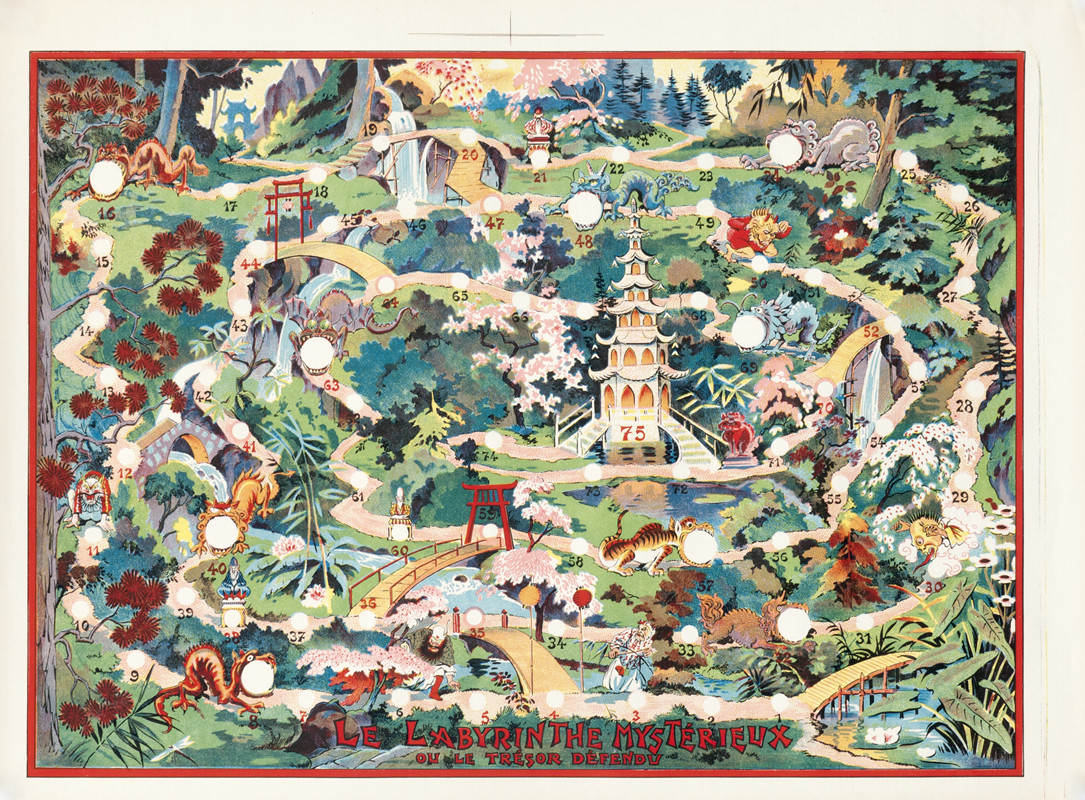 A labyrinthe with numbered stop 1-75, through Japanese landscape with dragons and temple; green, red, yellow