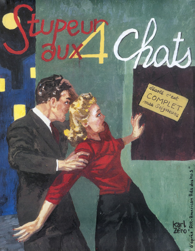Man & woman are shocked that a movie is sold out; red, yellow, green, blue