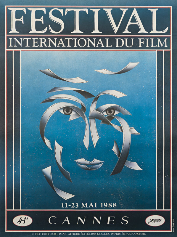 Film strips and abstract face; blue, red