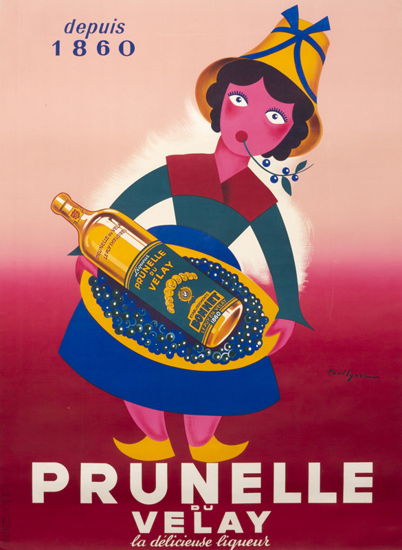 Doll-like girl with plate of grapes and bottle of wine; pink, red, green, blue, yellow
