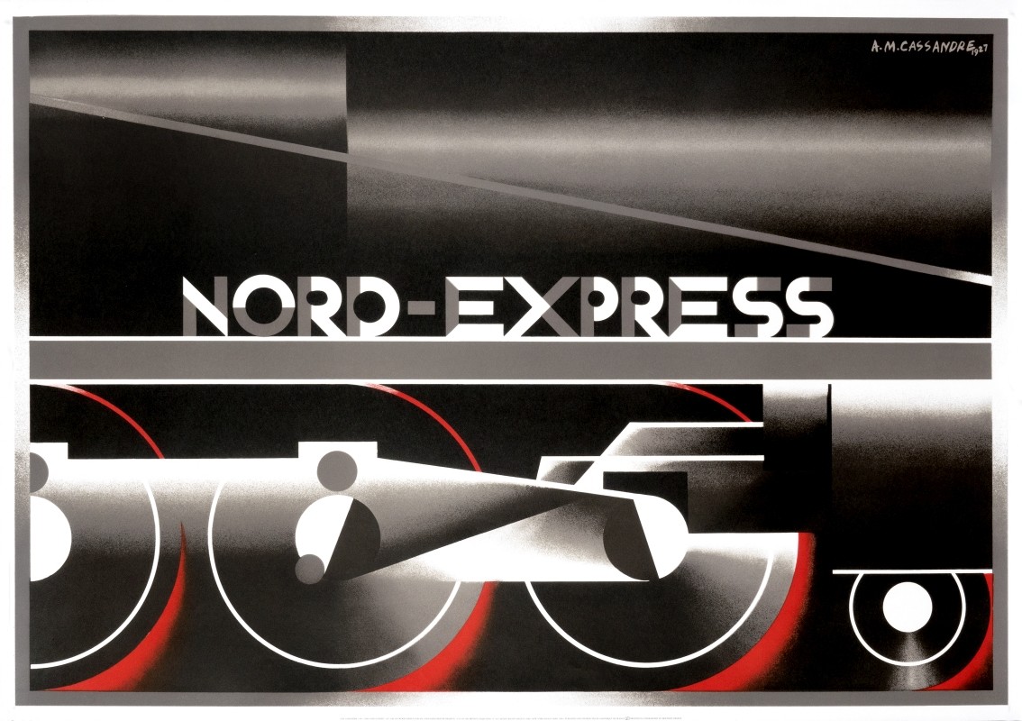 Abstract train locomotive in motion; red, black, white