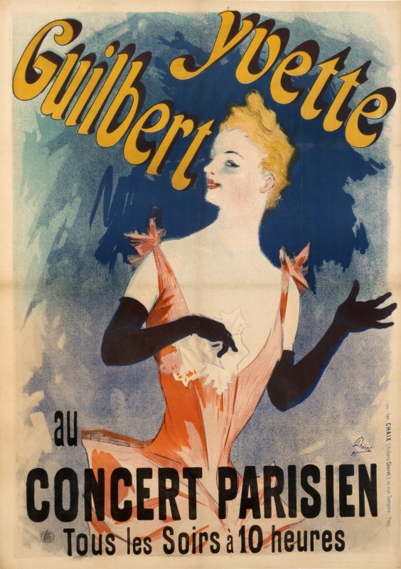 Actress Yvette Guilbert with dramatic spash of color behind her; pink, yellow, blue, black