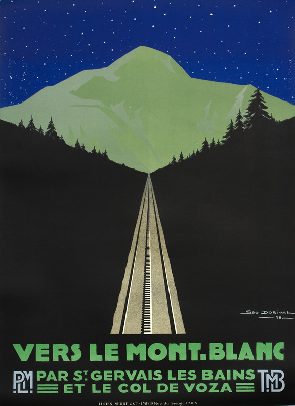 View of mountain and cog railway below stars; blue, green, black