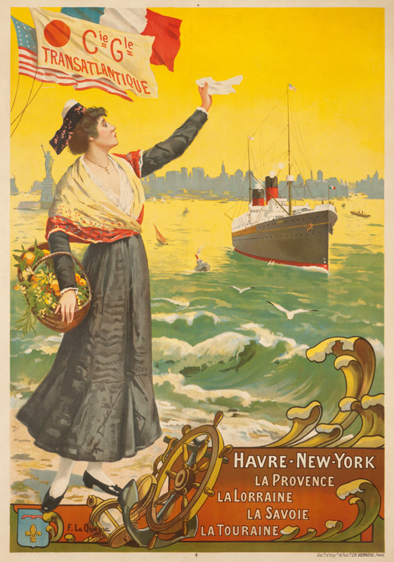 Ocean liner leaving New York harbor with "Marianne" (symbol of France) waving goodbye; yellow, green, red