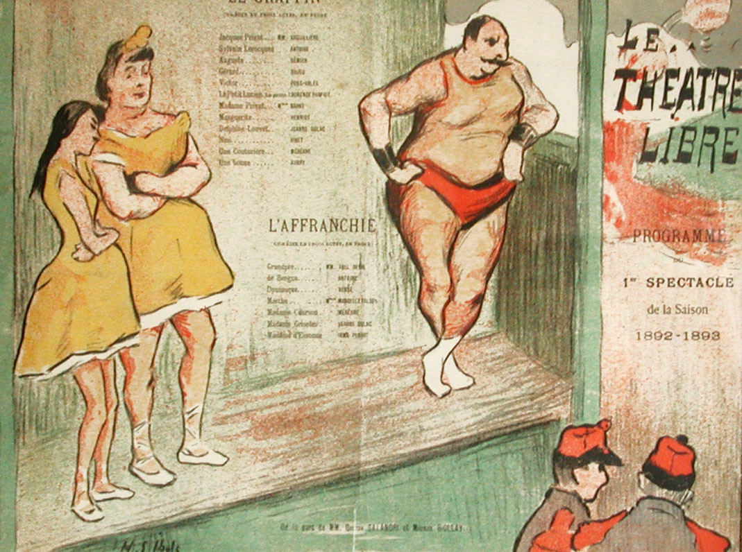 Two dancers and a hefty man behind stage; red, yellow, green, pastel