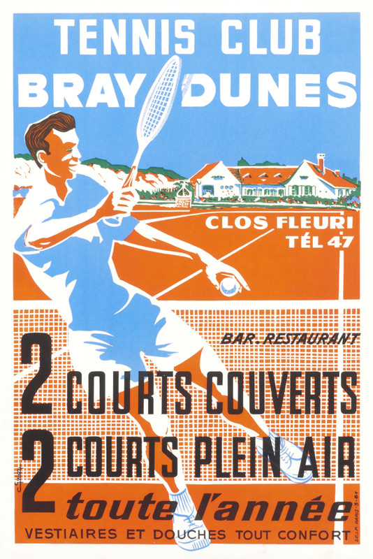Tennis player in front of club; orange, blue, white