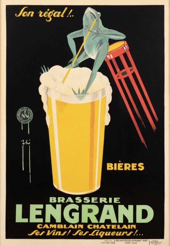 Frog on stool sips from large glass of beer with straw; black, yellow, red