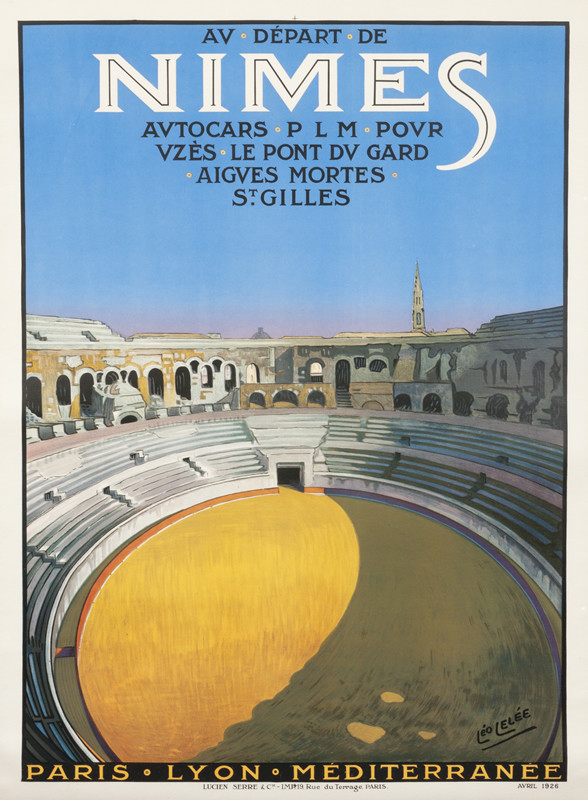 Interior view of Roman amphitheater at Nimes; blue, yellow, white