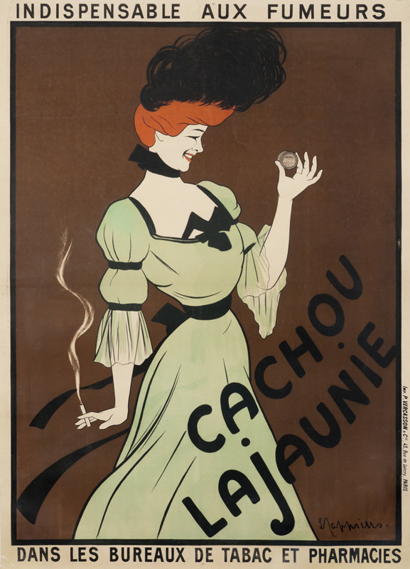 Woman smoker admires tin of breath fresheners; brown, green