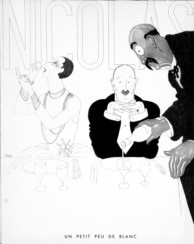 Waiter pours wine, woman applies powder