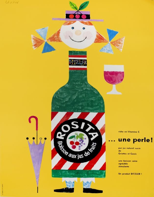 Girl with cherry hat and pig-tails with the Rosita bottle forming her torso;  green, yellow, white, red, black