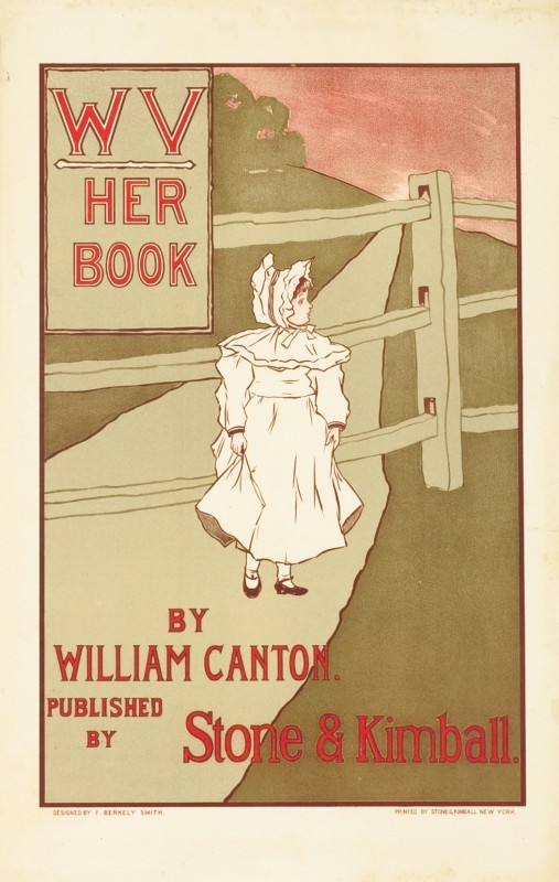 Little girl in bonnet and dress stands by fence, road, trees, field; pink, red, green, white, pastel