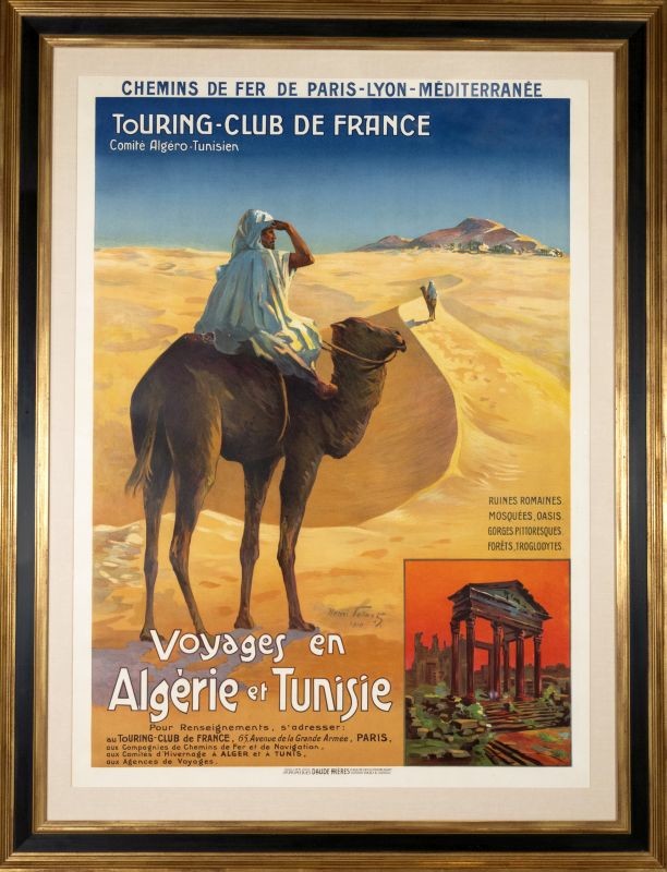 Arab on camel looks into distance and inset of ancient Roman ruins; blue, yellow, red, brown