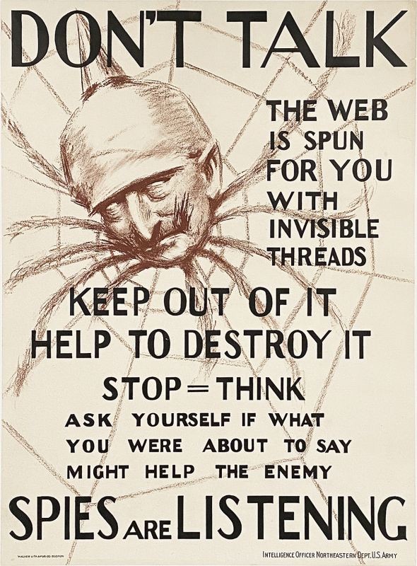 Head of evil looking Kaiser Wilhelm II on spider's body, spiderweb; brown, black