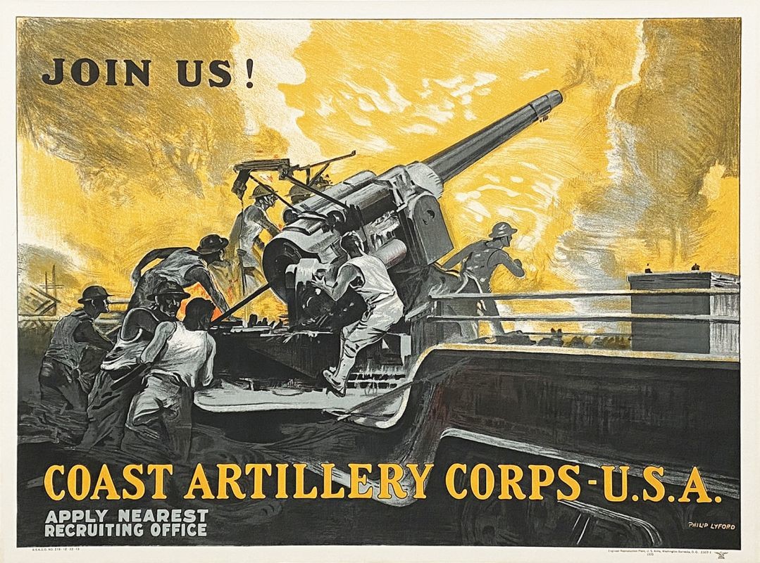 Coastal artillery crew fires big gun; yellow, black