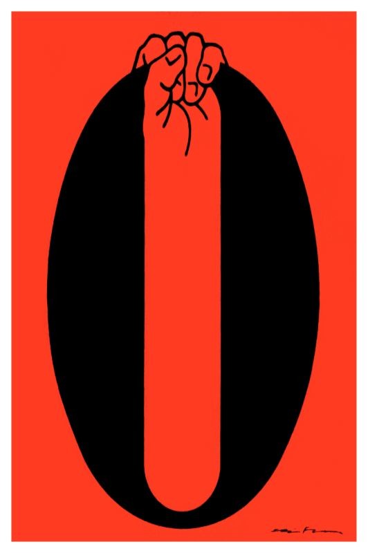 Letter "O" with fist grasping upper part of letter; black, orange