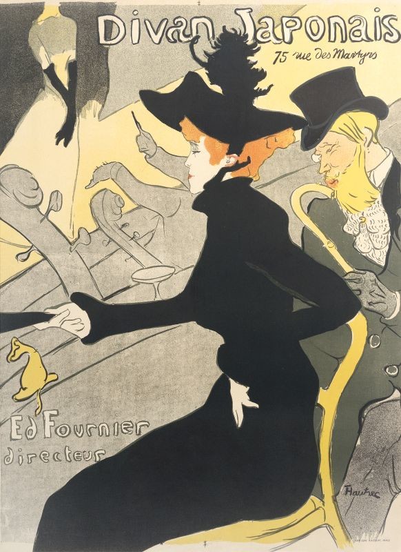 Woman in black and man in top hat watching stage show; black, orange, yellow