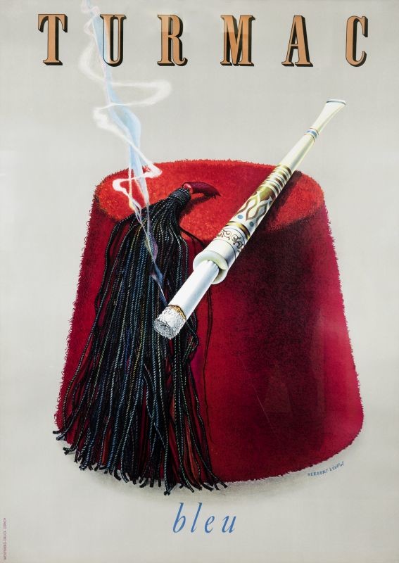 Lit cigarette sits on red fez cap; red, beige, gray