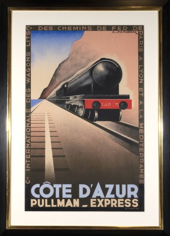 Streamlined train rushes down coastline; red, black, brown