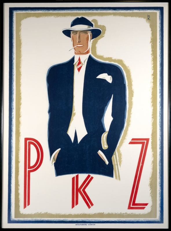 Elegant man wearing blue suit, hat and white vest; blue, white, red, beige