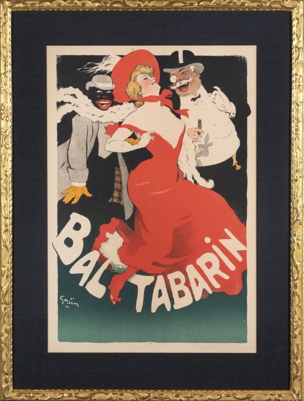 Dandy man in tophat cavorts with beautiful cabaret dancer in fancy dress, black man on opposite side links arms; red, black, green, white