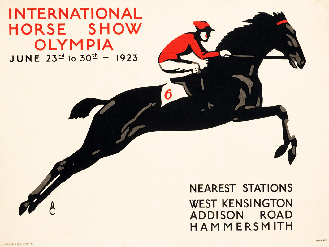 Jockey crouches in saddle as horse leaps through air; black, white, red
