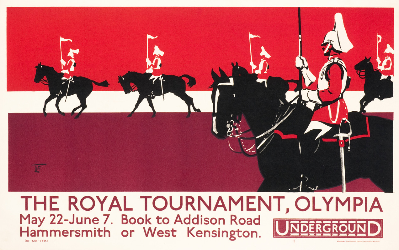 Royal guard parade in line on horseback, flags raised; maroon, red, black