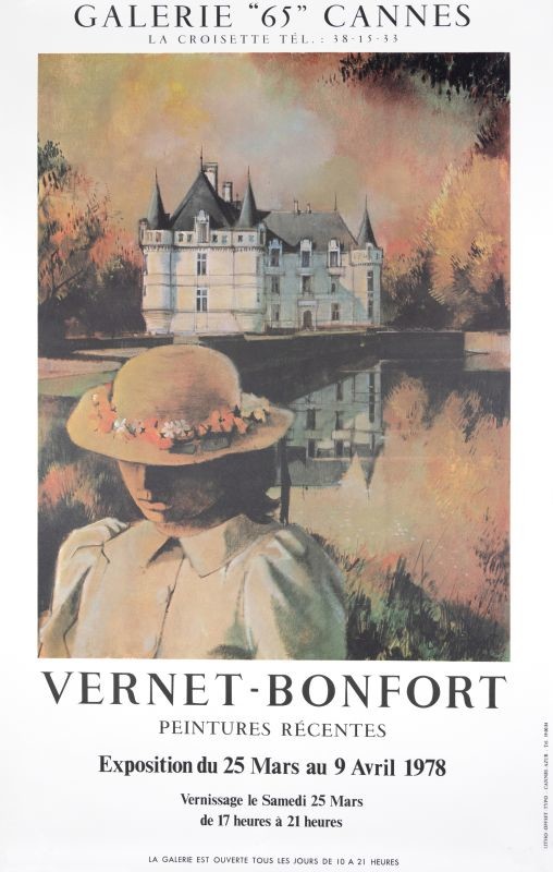 Girl in hat with castle chateau and water; orange, white, green, pastel