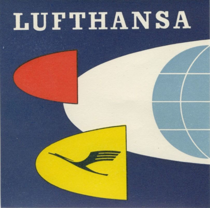 three half oval shapes with one having the Lufthansa logo in the center; yellow, blue, red